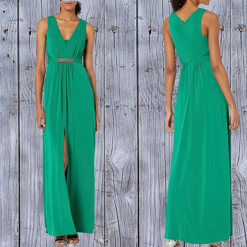 Halston Heritage Green V-Neck Maxi Dress with Embellished Waist